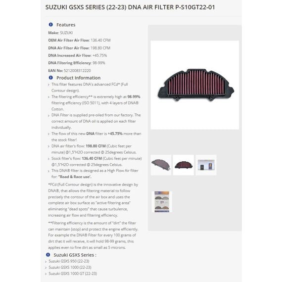 Filtro de alto rendimiento DNA para varias Suzuki GSX-S950 / GSX-S1000