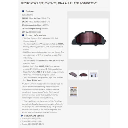 Filtro de alto rendimiento DNA para varias Suzuki GSX-S950 / GSX-S1000